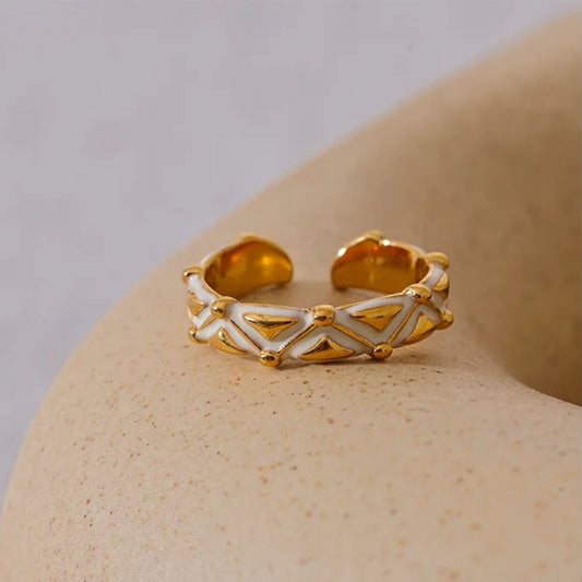 Vintage White Enamel Open Gold Ring-Maryam Jewelry