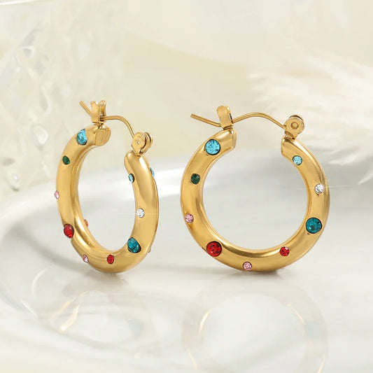 Vintage Gold Colorful Hoop Earrings-Maryam Jewelry