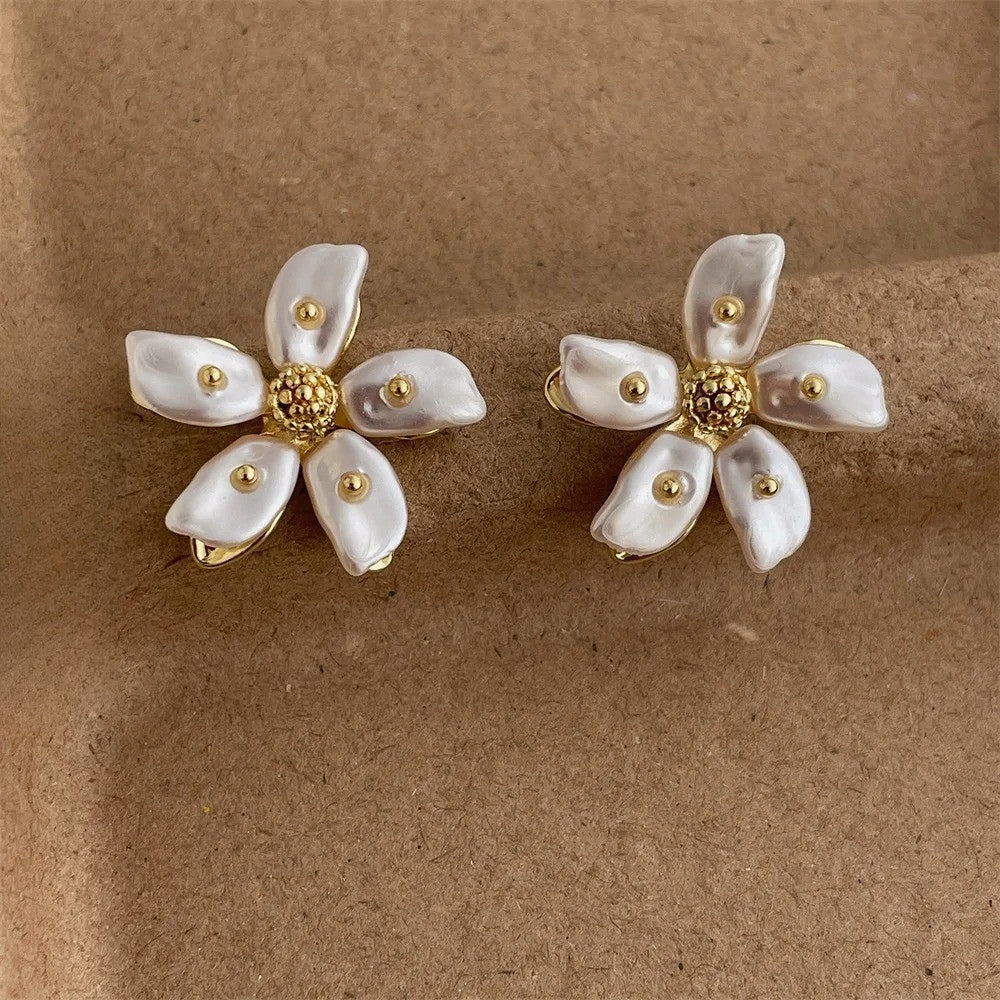 Gold Floral Delicate Pearl Petals Earrings-Maryam Jewelry