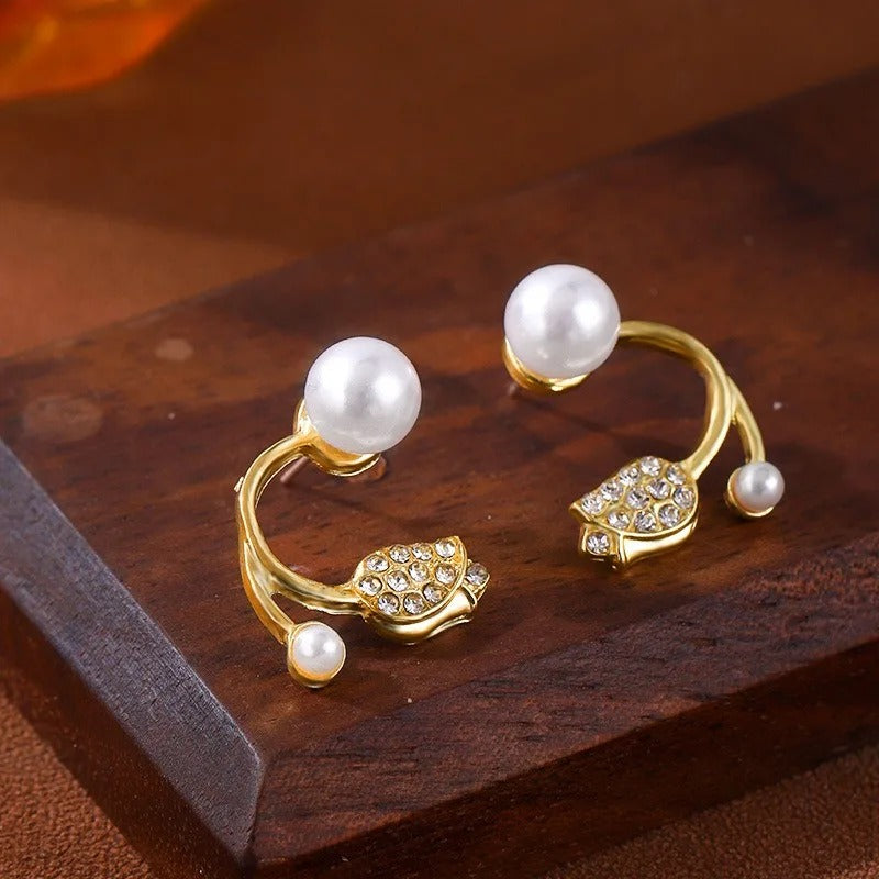 Vintage Gold Tulip Pearl Earrings-Maryam Jewelry