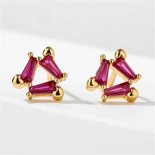 Gold Triangle Red Gem Earrings-Maryam Jewelry