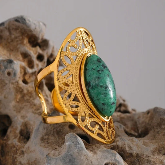 Gold Ornate Green Stone Open Ring-Maryam Jewelry