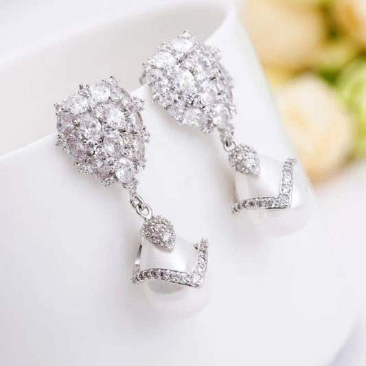 Vintage Sparkling Silver Pearl Earrings-Maryam Jewelry