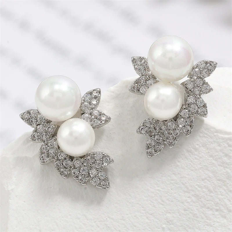 Silver Double Pearl & Crystal Leaf Earrings-Maryam Jewelry