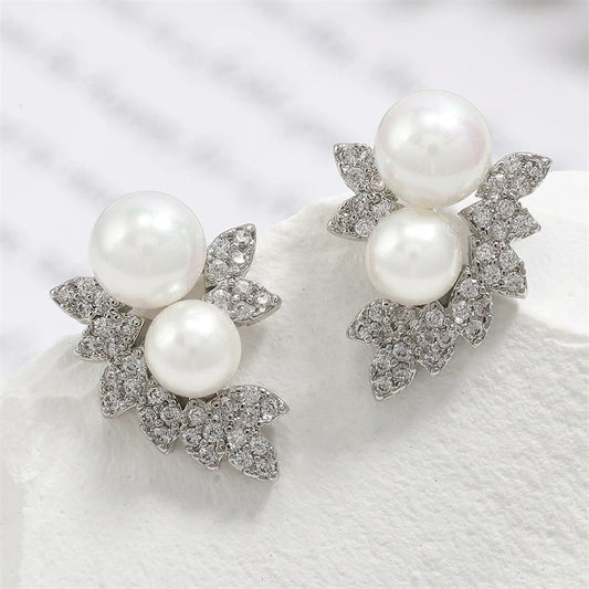 Silver Double Pearl & Crystal Leaf Earrings-Maryam Jewelry
