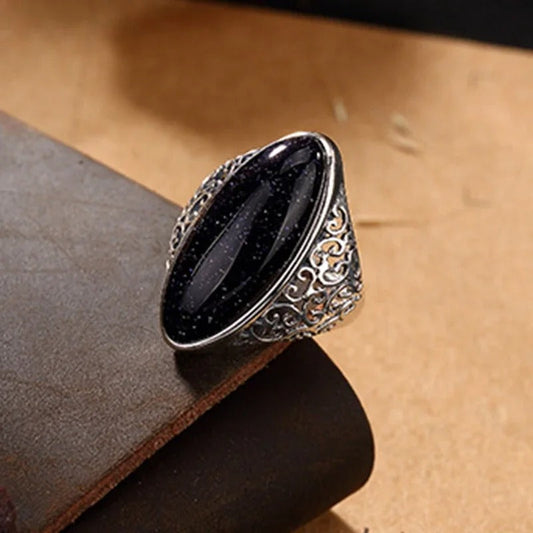 Vintage Silver Midnight Oval Stone Ring-Maryam Jewelry