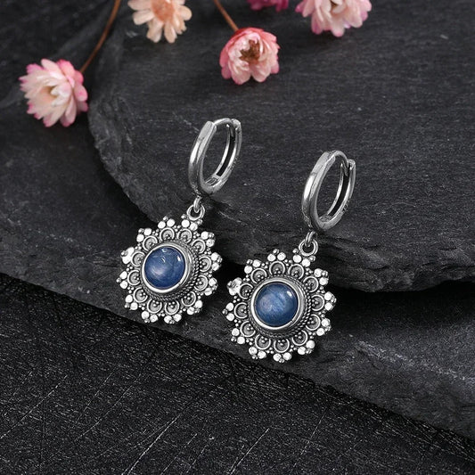 Vintage Floral Blue Drop Earrings-Maryam Jewelry