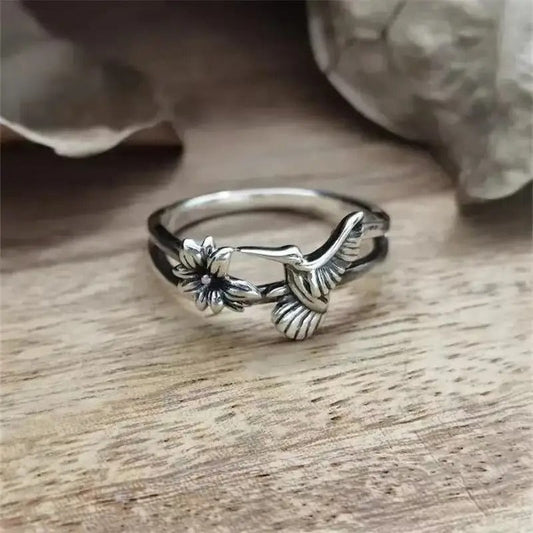 Vintage Hummingbird Flower Silver Ring-Maryam Jewelry