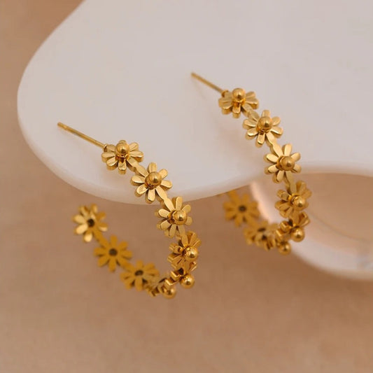 Gold Floral Charm Hoop Earrings-Maryam Jewelry