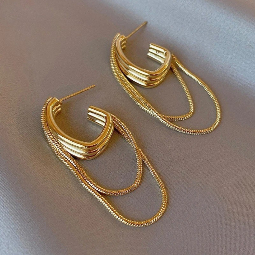 Vintage Gold Layered Drop Hoop Earrings-Maryam Jewelry