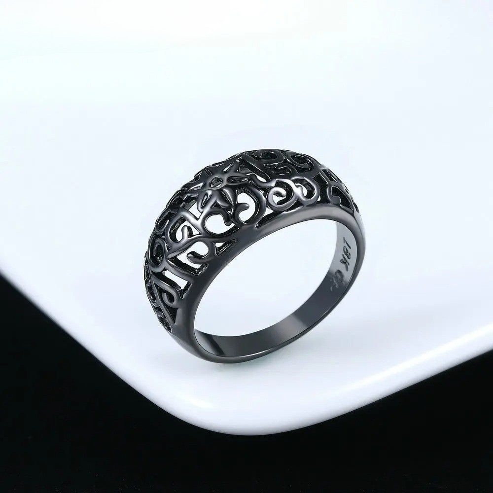 Vintage Black Floral Cut-Out Pattern Ring-Maryam Jewelry