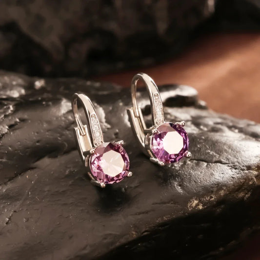 Silver Vintage Round Purple Earrings-Maryam Jewelry