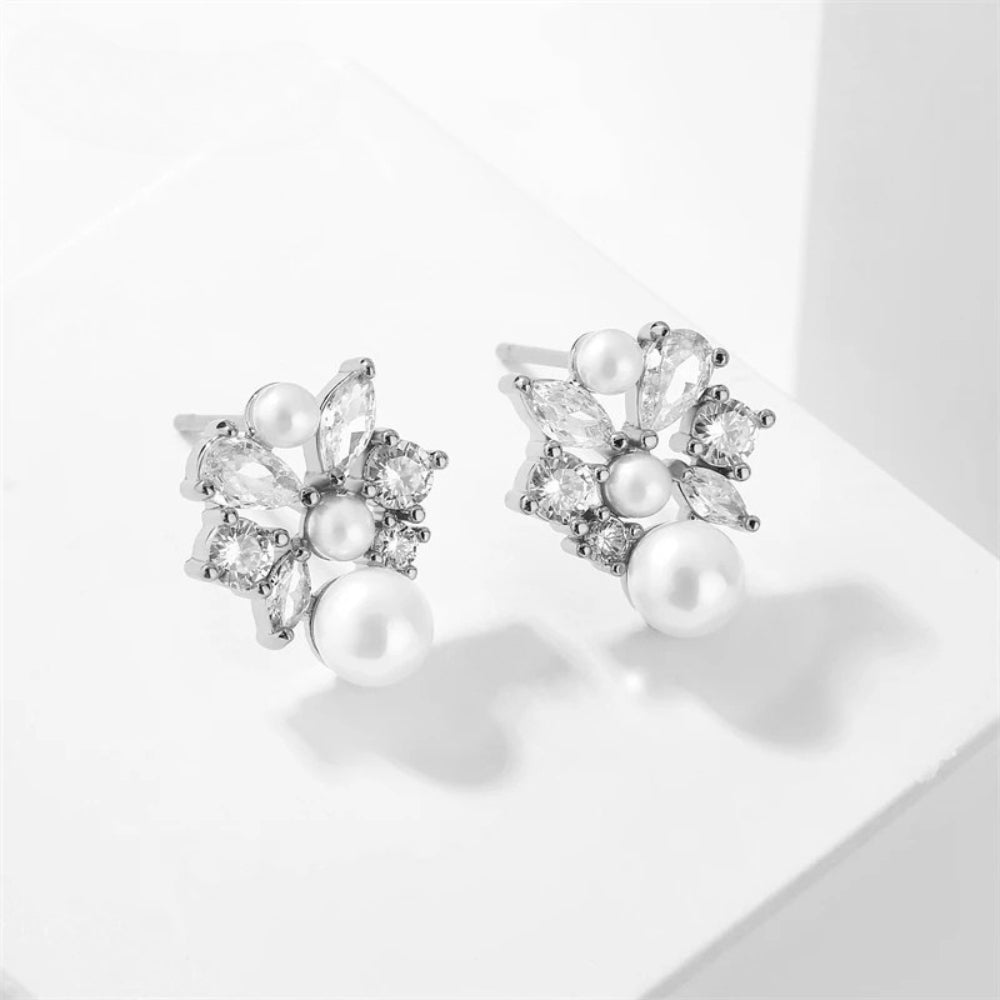 Silver Floral Pearl Stud Earrings-Maryam Jewelry