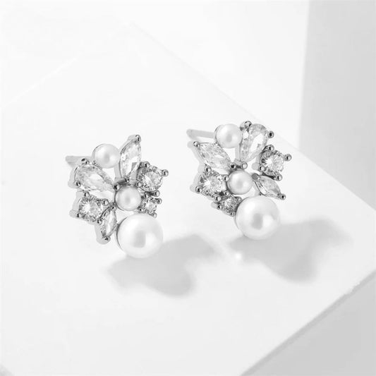 Silver Floral Pearl Stud Earrings-Maryam Jewelry