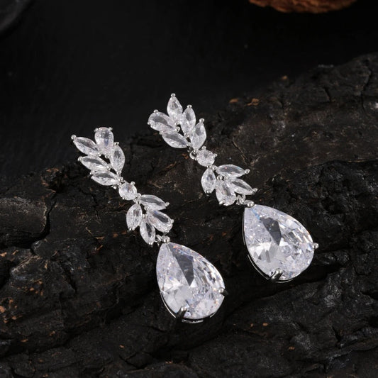 Silver Vintage Crystal Leaf Drop Earrings-Maryam Jewelry