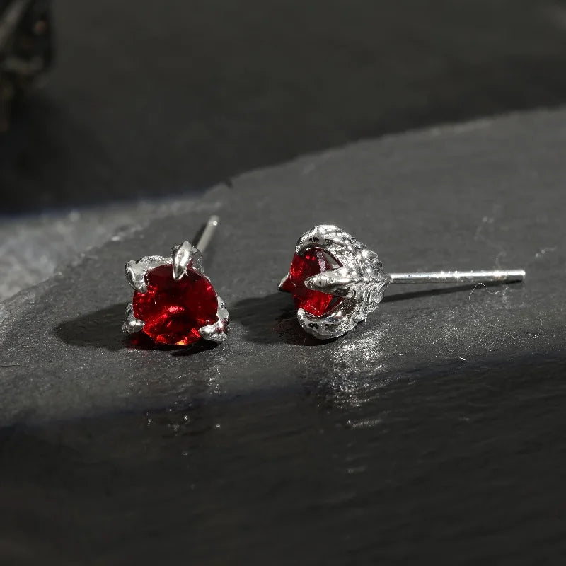 Vintage Silver Red Claw Stud Earrings-Maryam Jewelry