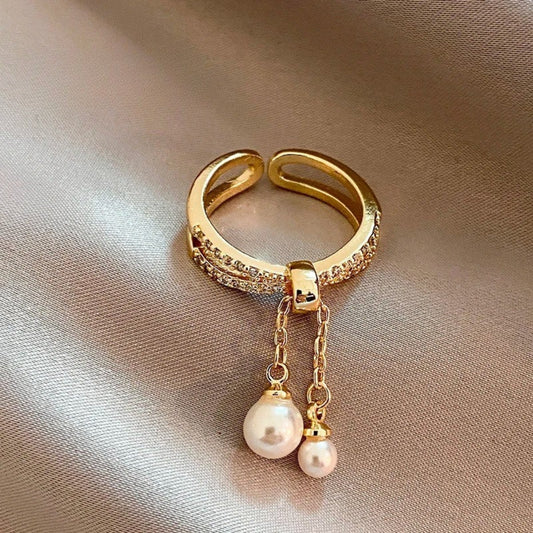 Vintage Pearl Tassel Gold Adjustable Ring-Maryam Jewelry