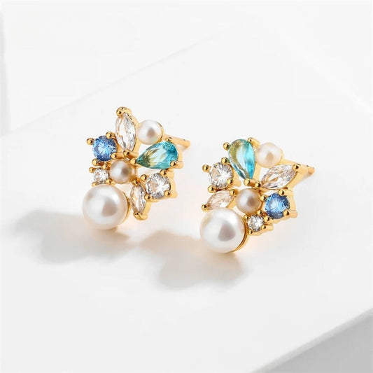 Vintage Pearl & Blue Crystal Earrings-Maryam Jewelry