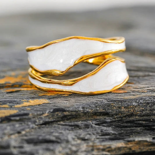 Gold White Enamel Swirl Pattern Open Ring-Maryam Jewelry