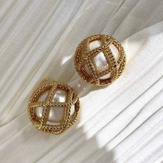 Vintage Gold Pearl Grid Earrings-Maryam Jewelry