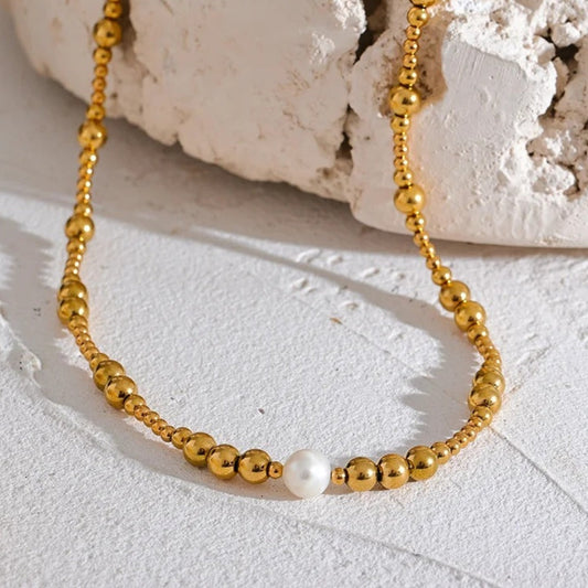 Gold Beaded Pearl Accent Necklace-Maryam Jewelry