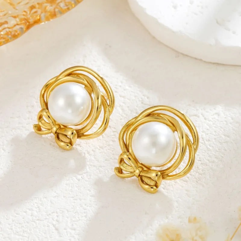 Vintage Pearl Bow Stud Earrings-Maryam Jewelry