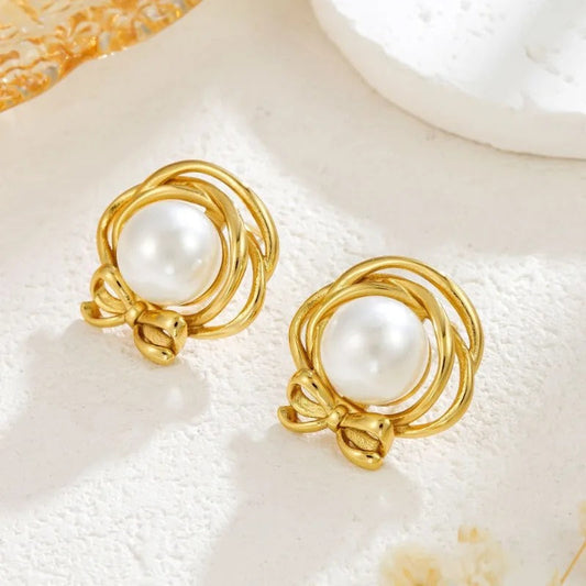 Vintage Pearl Bow Stud Earrings-Maryam Jewelry