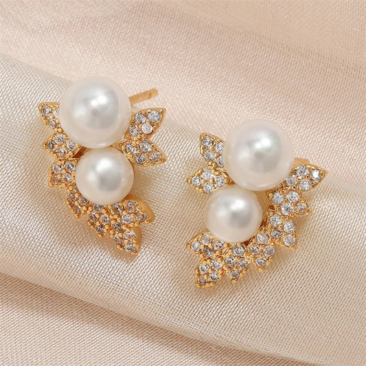 Vintage Pearl & Leaf Gold Stud Earrings-Maryam Jewelry