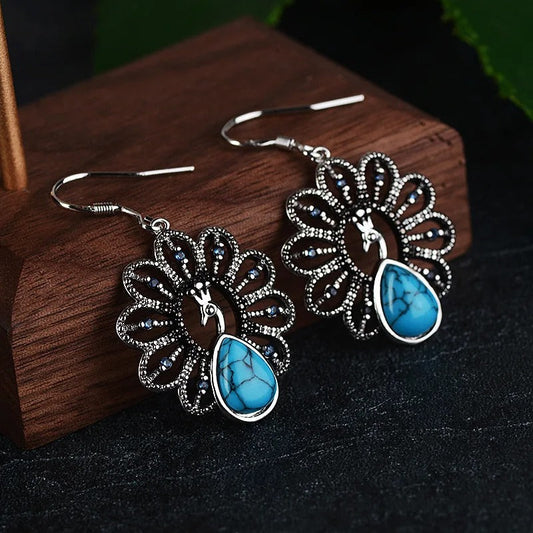 Vintage Silver Peacock Turquoise Earrings-Maryam Jewelry