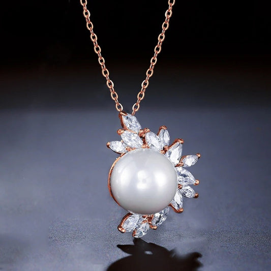 Rose Gold Pearl & Crystal Leaf Necklace-Maryam Jewelry