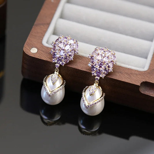 Vintage Purple Crystal & Pearl Drop Earrings-Maryam Jewelry