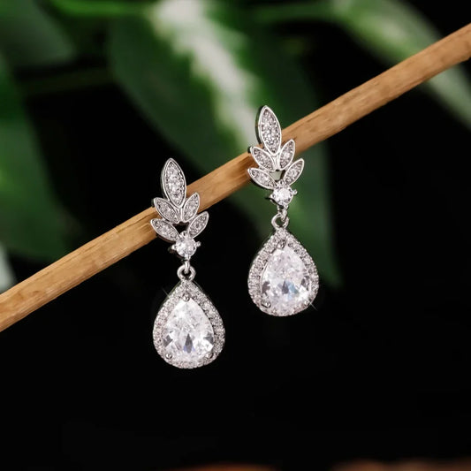 Silver Vintage Sparkle Leaf Earrings-Maryam Jewelry