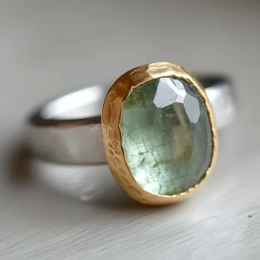 Vintage Green Stone Gold & Silver Forged Ring-Maryam Jewelry