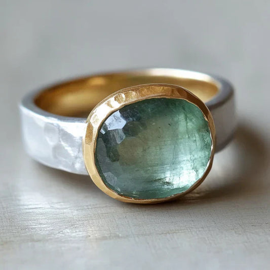 Vintage Green Glass Gold & Silver Forged Ring-Maryam Jewelry