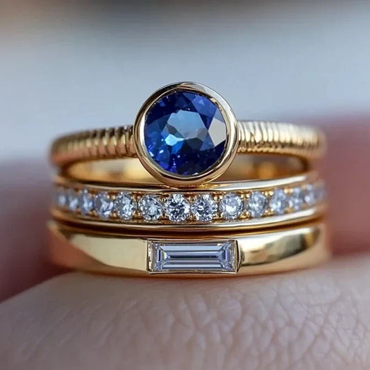 Vintage Gold Blue Zirconia Ring Set-Maryam Jewelry