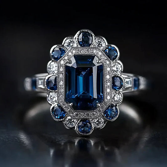 Vintage Blue Crystal Mandala Silver Ring-Maryam Jewelry